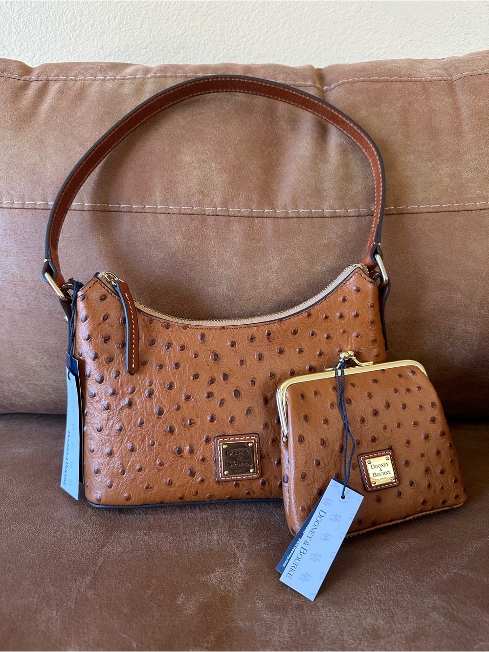 Dooney & Bourke Cognac Ostrich-Embossed Shoulder Bag with Matching Coin Purse